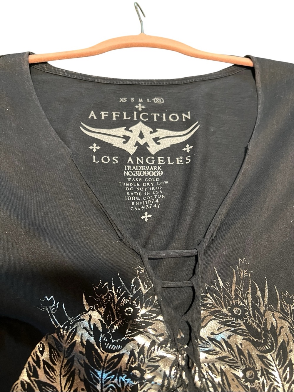 Affliction Black Short Sleeve Lace-Up Graphic Tee with Metallic Detail
